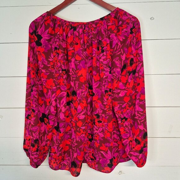 The Pioneer Woman Womens Floral Blouse M Burgundy/Pink Long Sleeve Keyhole Neck - Picture 5 of 6